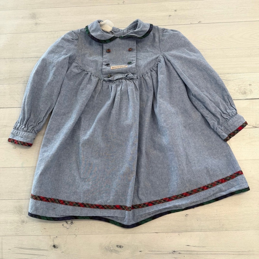 Bonnie Jean Girl's Dress Blue Chambray Red & Green Plaid Trim Collar